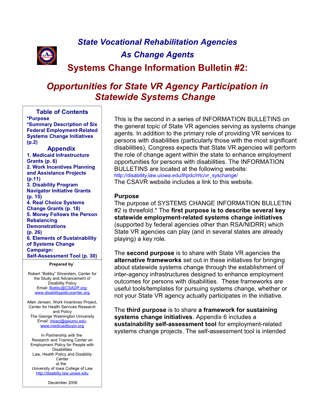 Systems Change Information Bulletin #2