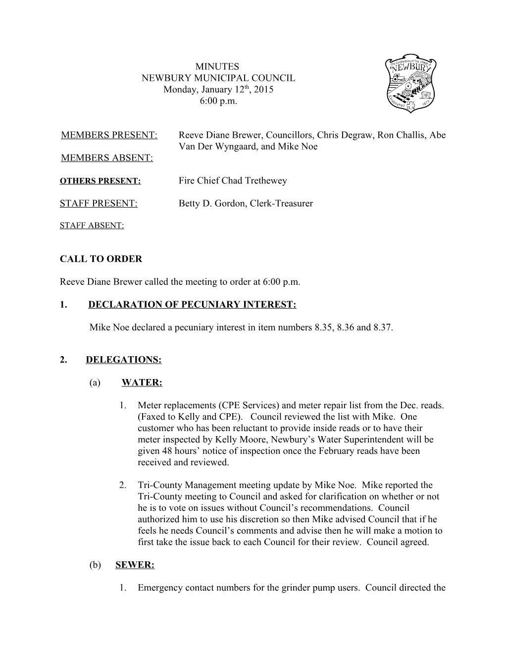 January 12Th, 2015 Newbury Municipal Council1