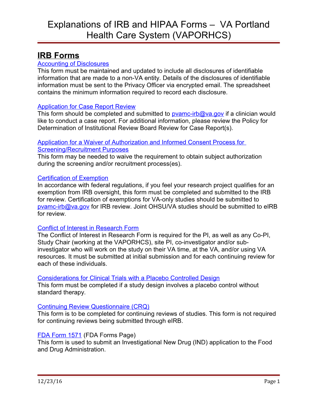 Explanations of IRB Forms Portland VA Medical Center