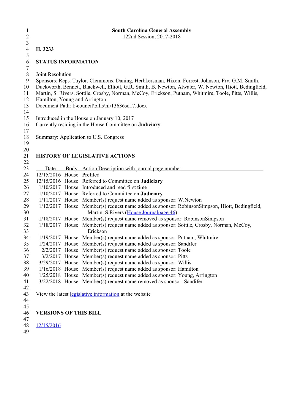 2017-2018 Bill 3233: Application to U.S. Congress - South Carolina Legislature Online