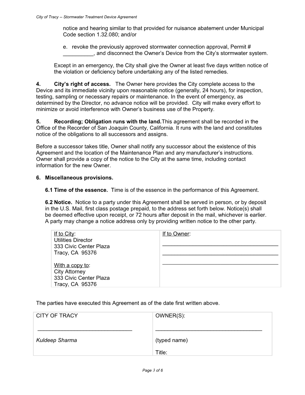 City of Tracy Stormwater Treatment Device Agreement