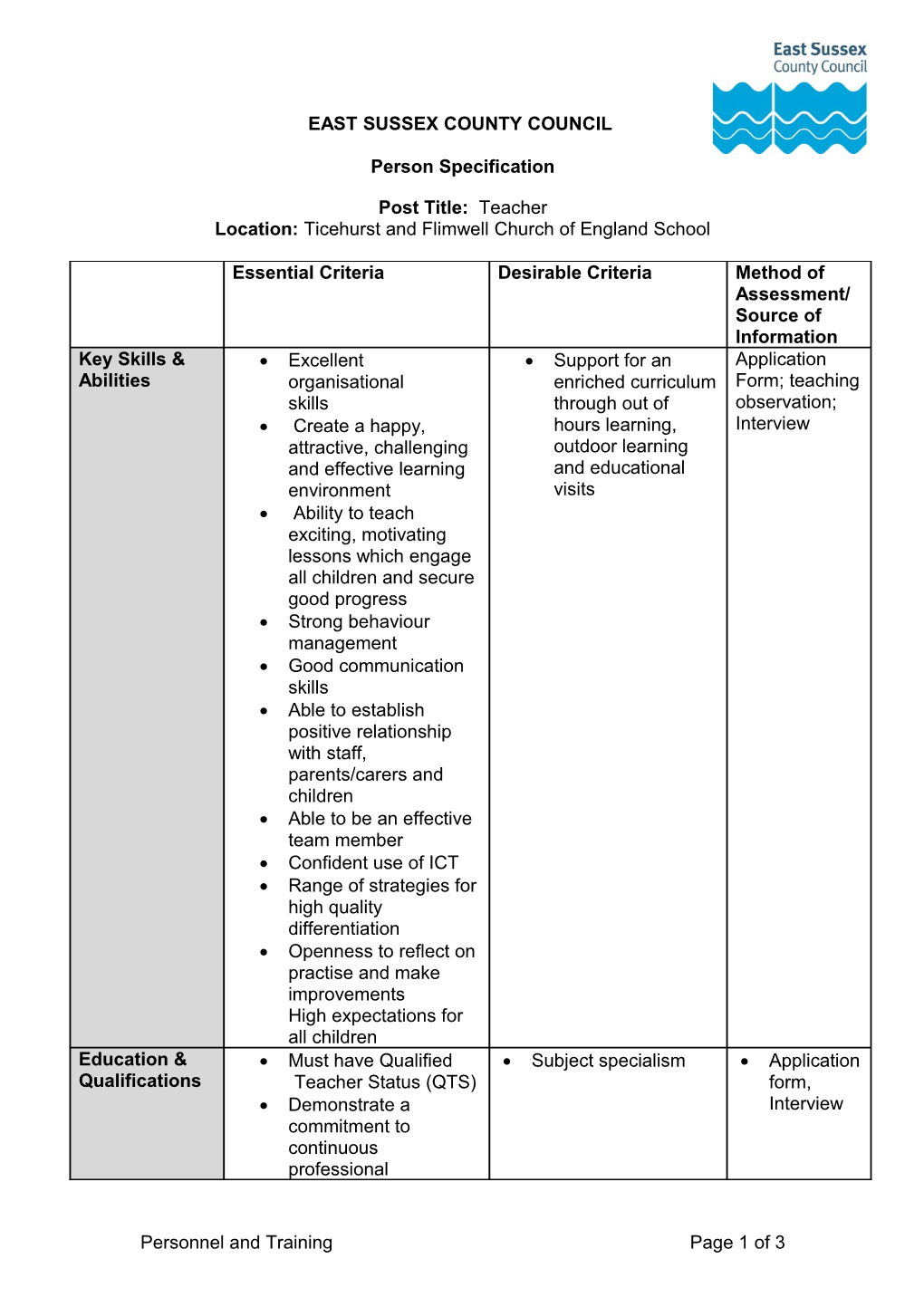 Corporate Person Specification Template