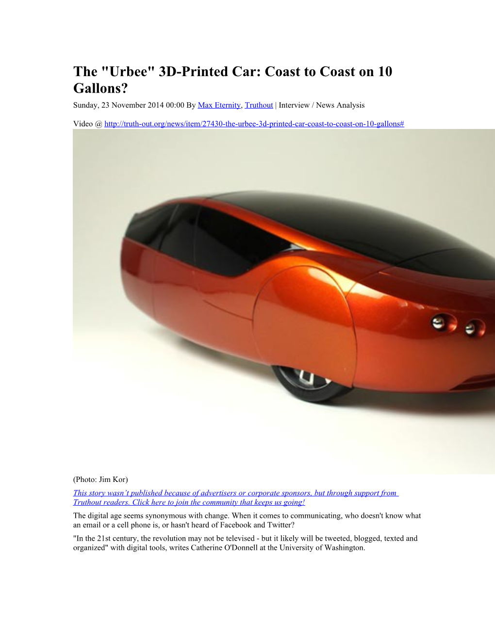 The Urbee 3D-Printed Car: Coast to Coast on 10 Gallons?
