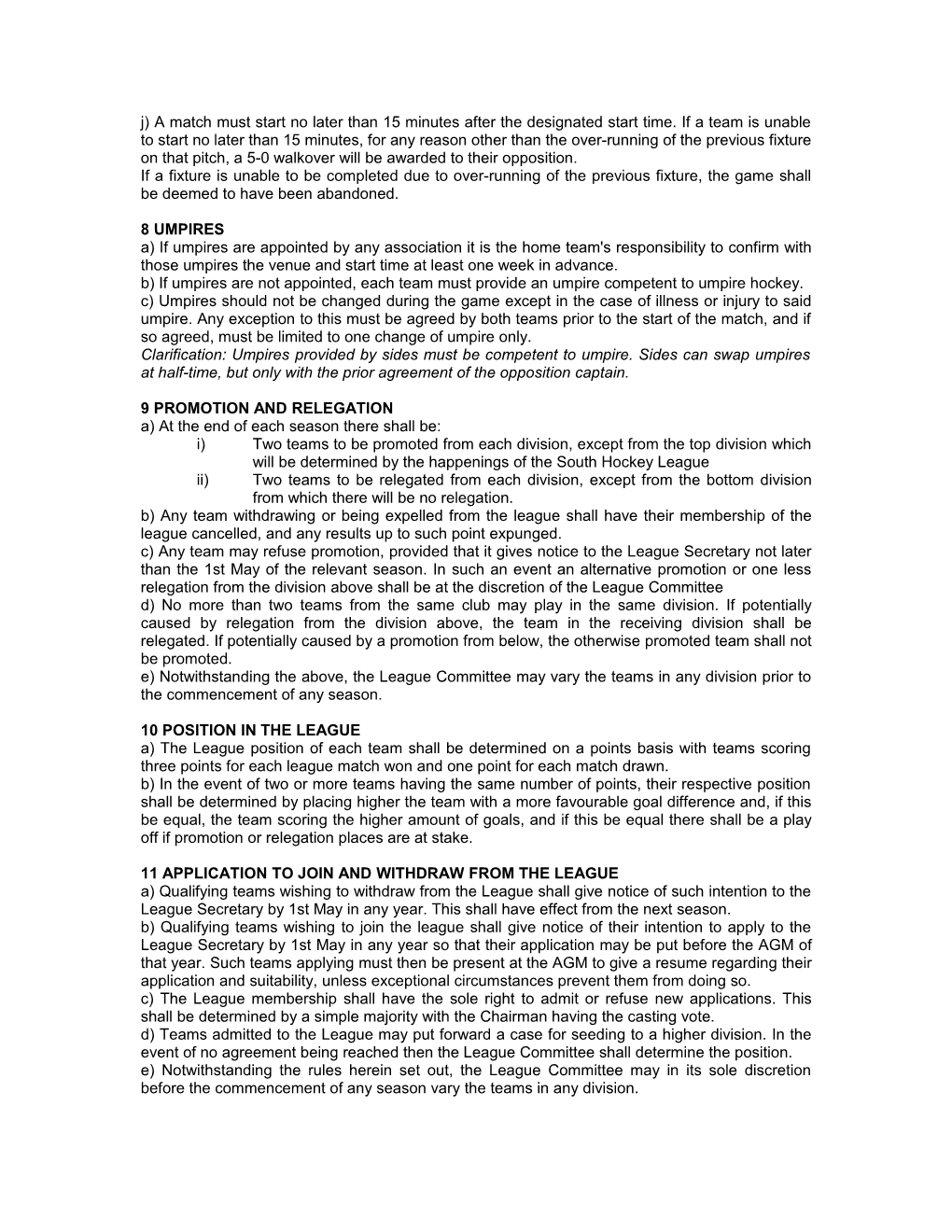Surrey Open Hockey League Rules Season 2006/2007