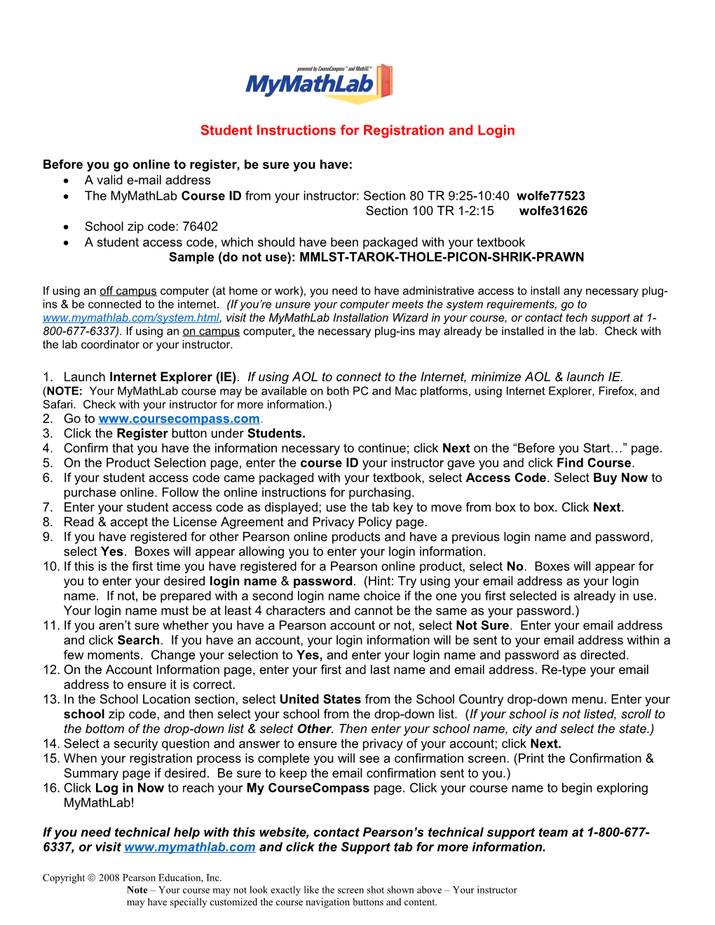 Student Instructions for Registration and Login