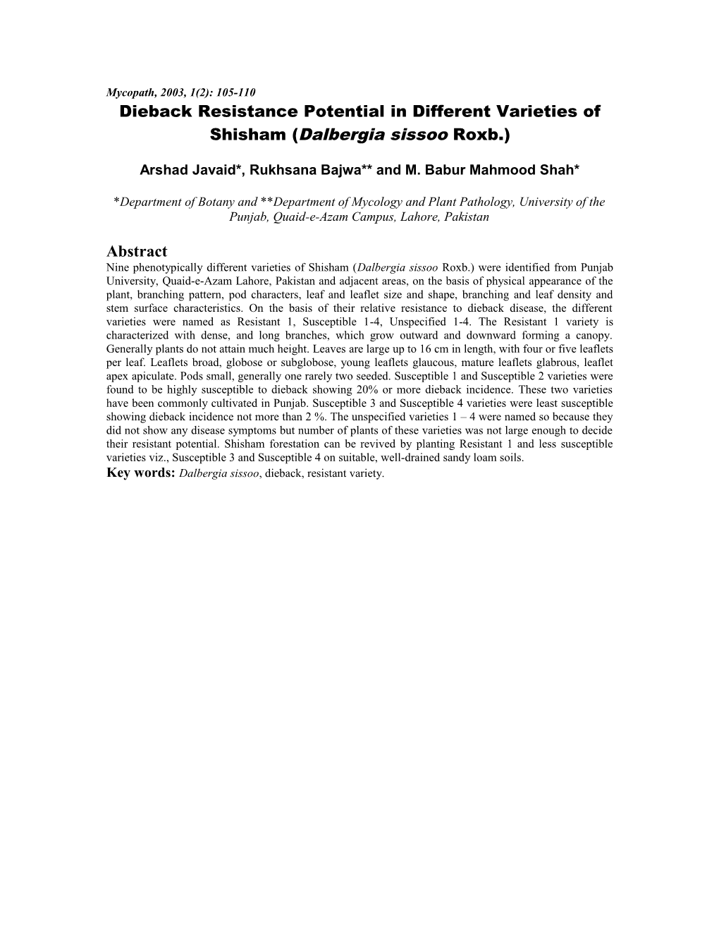 Dieback Resistance Potential in Different Varieties of Shisham (Dalbergia Sissoo Roxb.)