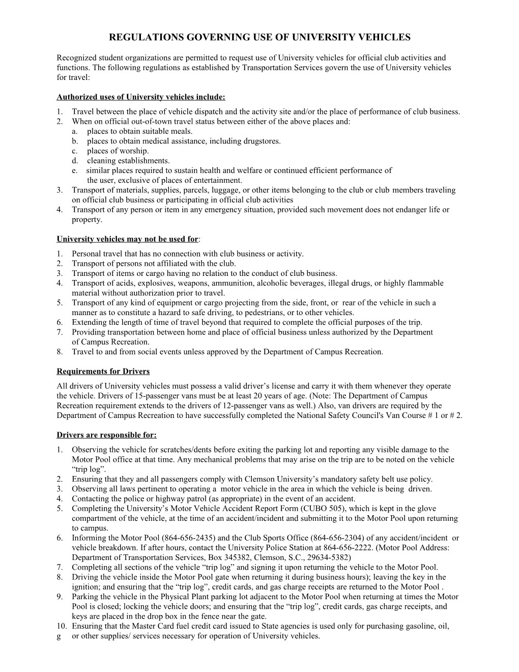 Regulations Governing Use of University Vehicles