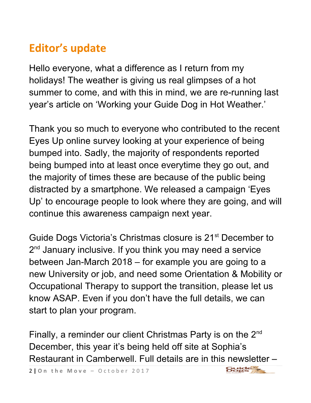 Guide Dogs Victoria S on the Move October 2017 Bulletin