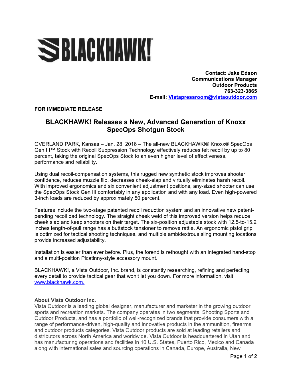 BLACKHAWK! Releases a New, Advanced Generation of Knoxx Specops Shotgun Stock