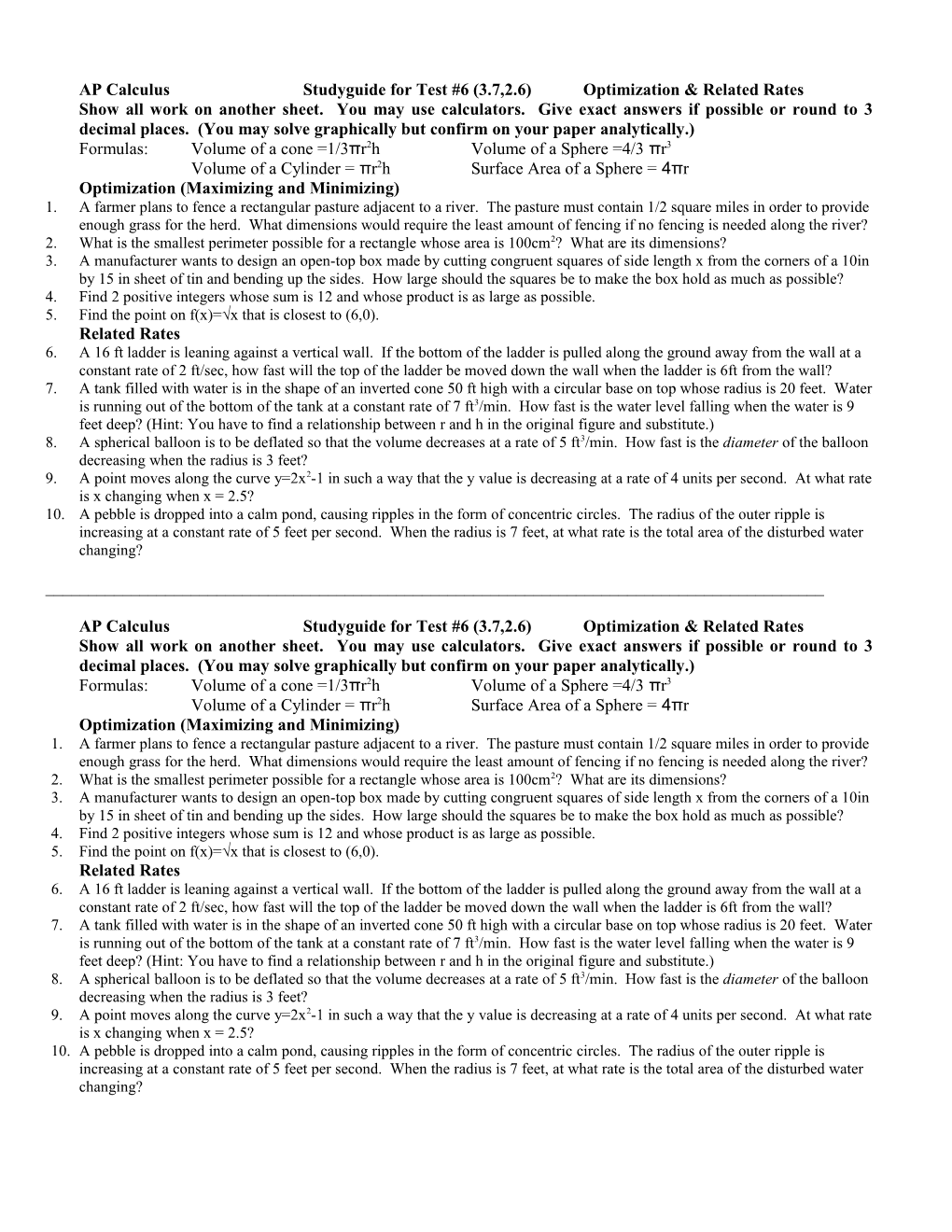 AP Calculus Studyguide for Test #6 (3.7,2.6)Optimization & Related Rates