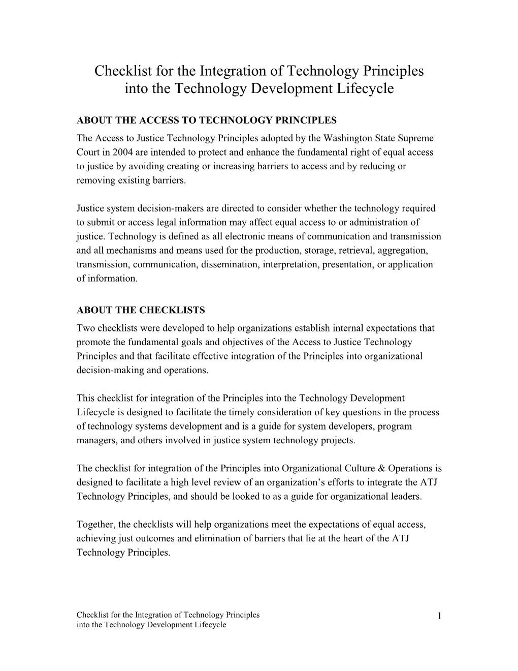 Checklist for the Integration of Technology Principles