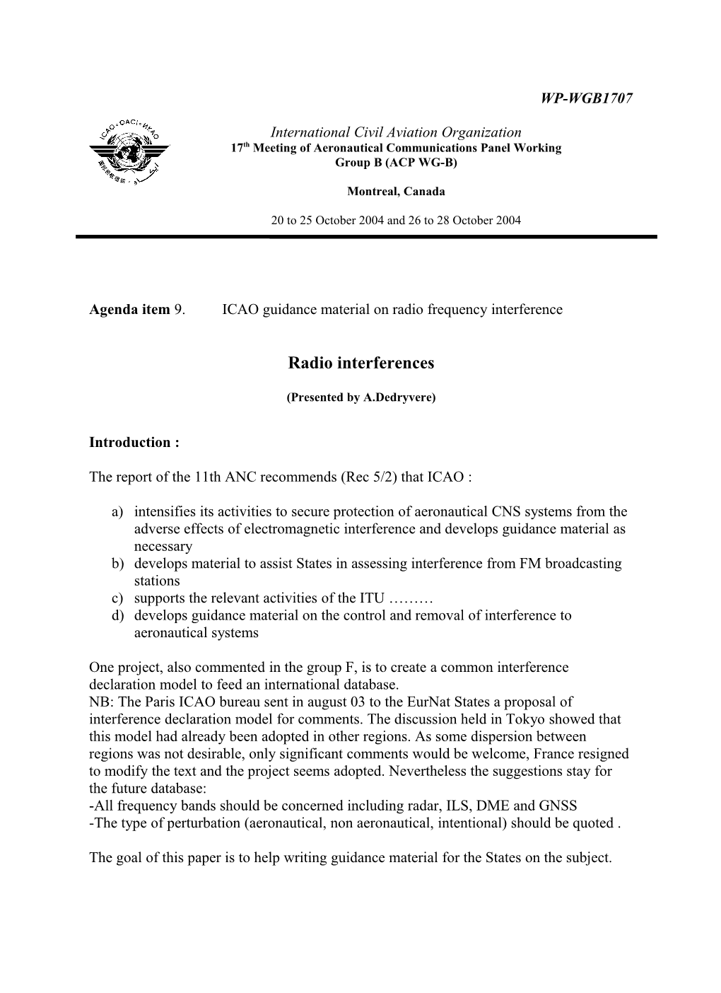 Agenda Item 9. ICAO Guidance Material on Radio Frequency Interference