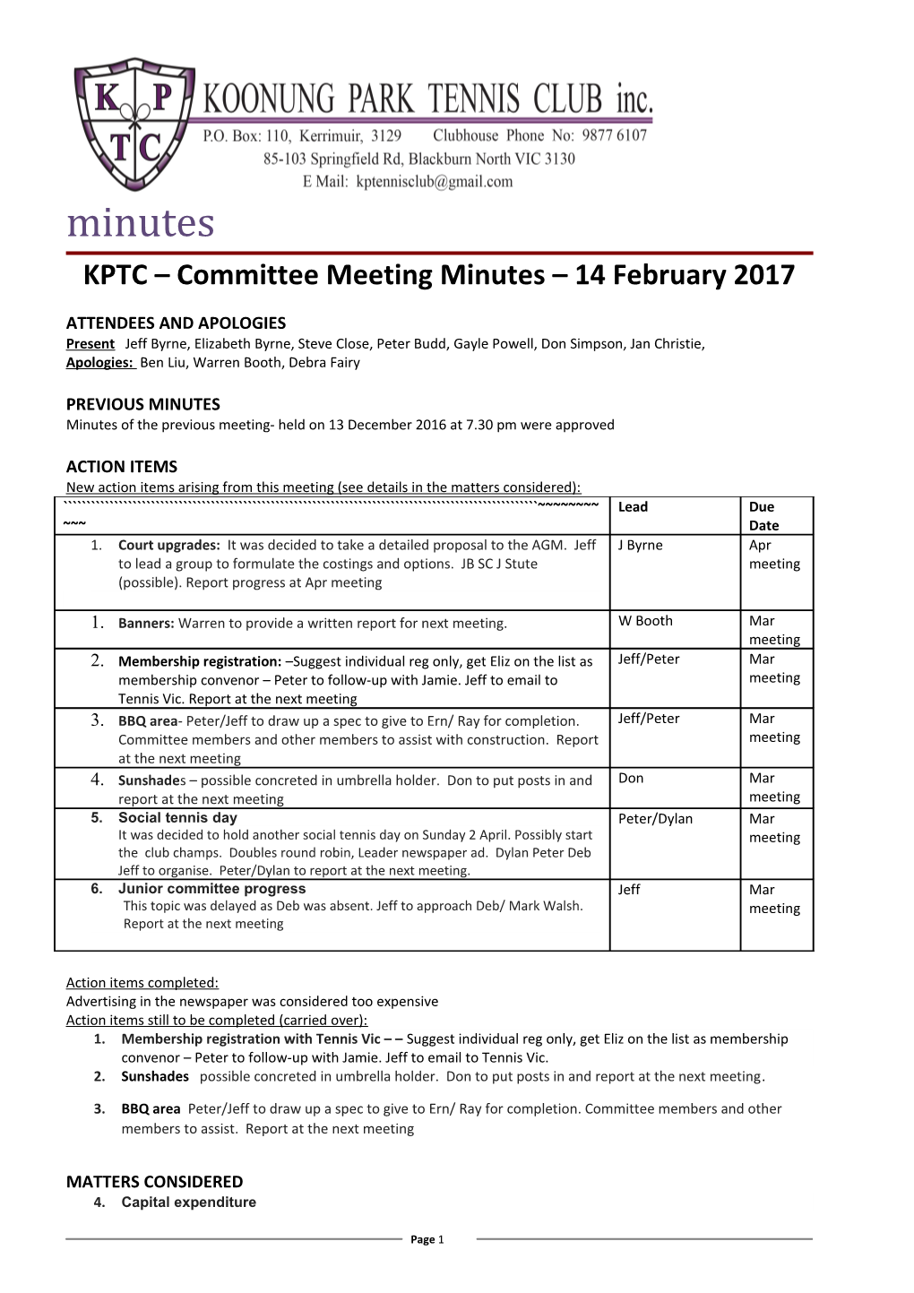 KPTC Committee Meeting Minutes 14 February 2017