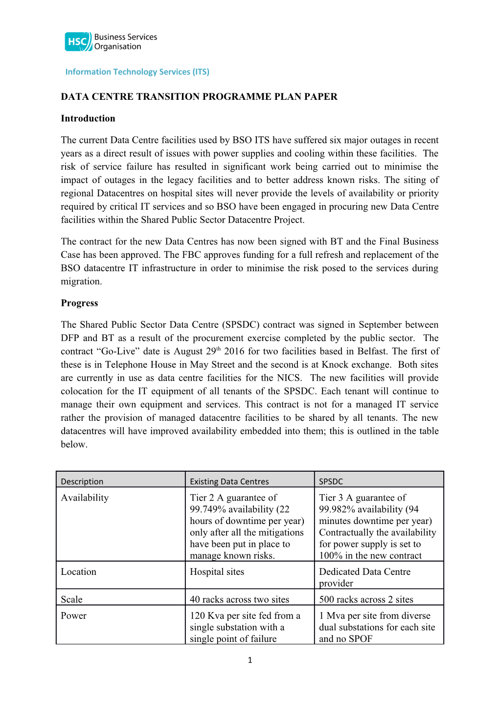 Data Centre Transition Programme Plan Paper