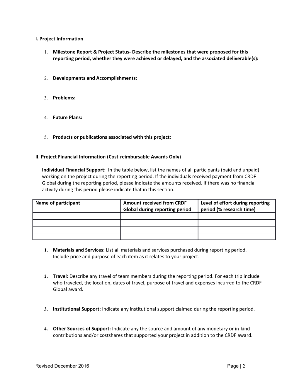 Form 710: Standard Project Status Report - Variant CGP01
