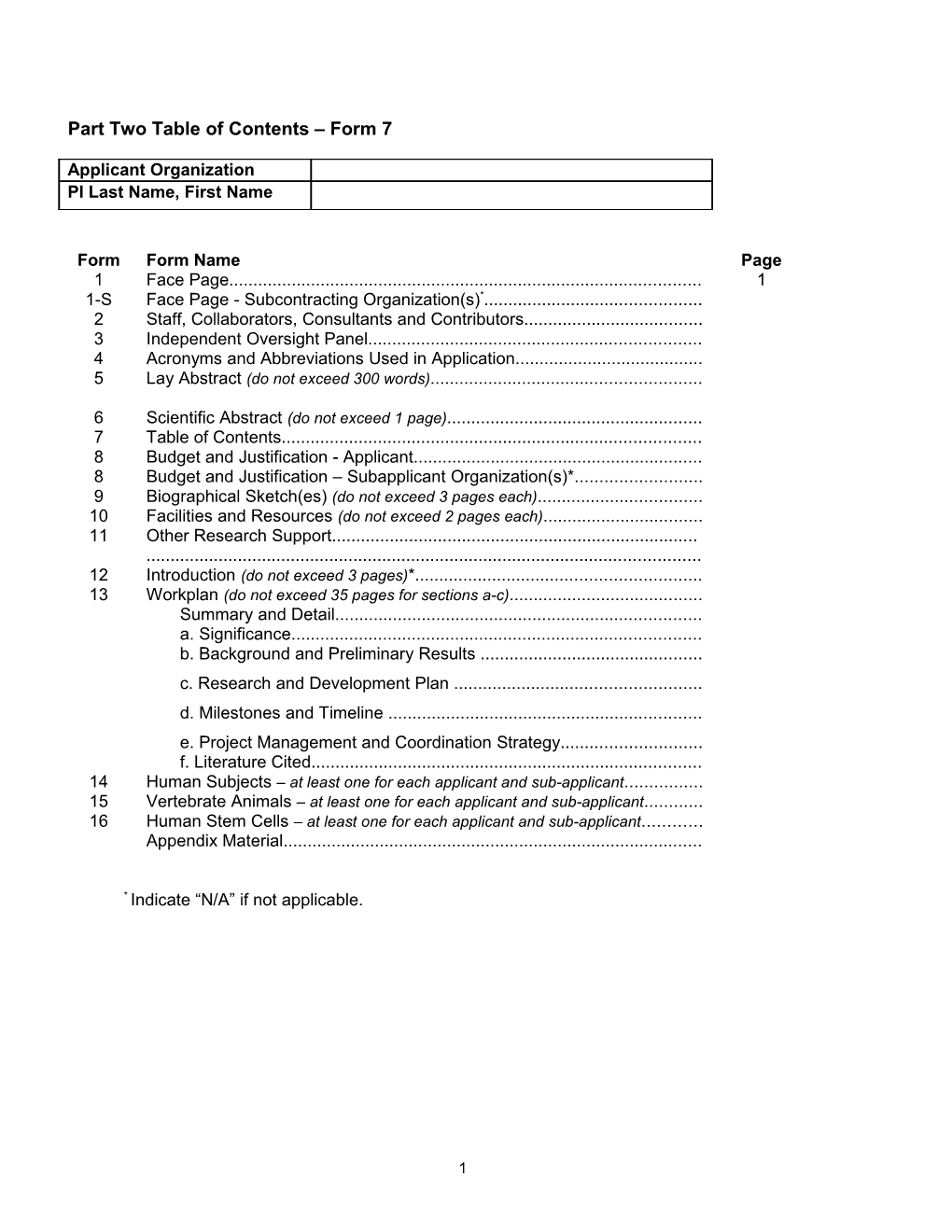 Part Two Table of Contents Form 7