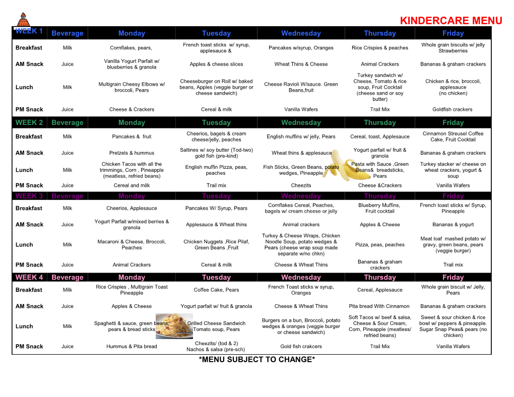 Kindercare Menu Week 1 for Campbell