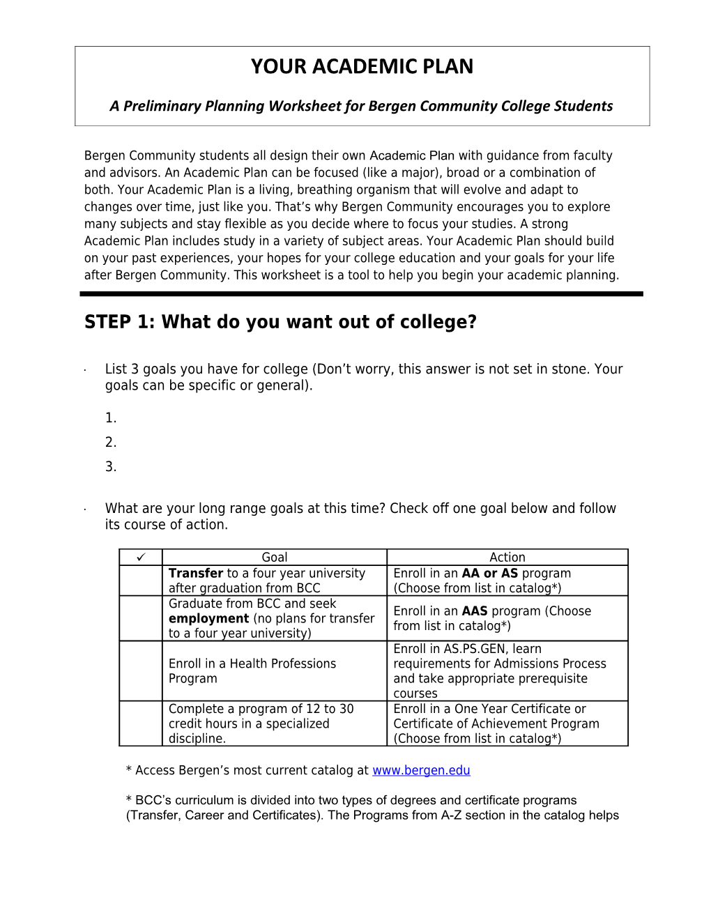A Preliminary Planning Worksheet for New Freshmen