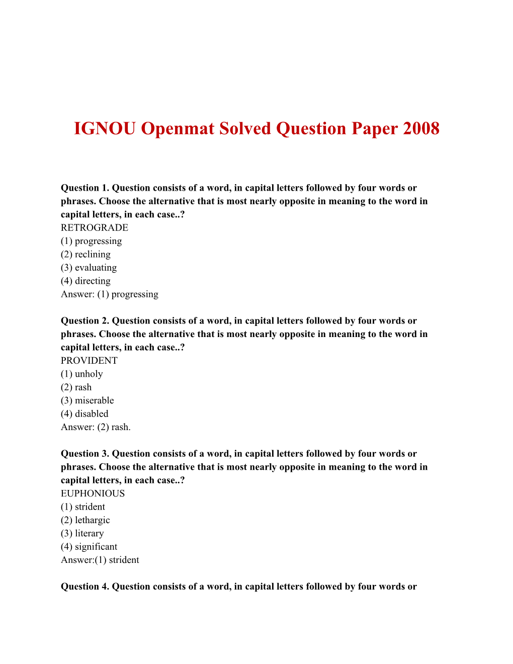 IGNOU Openmat Solved Question Paper 2008