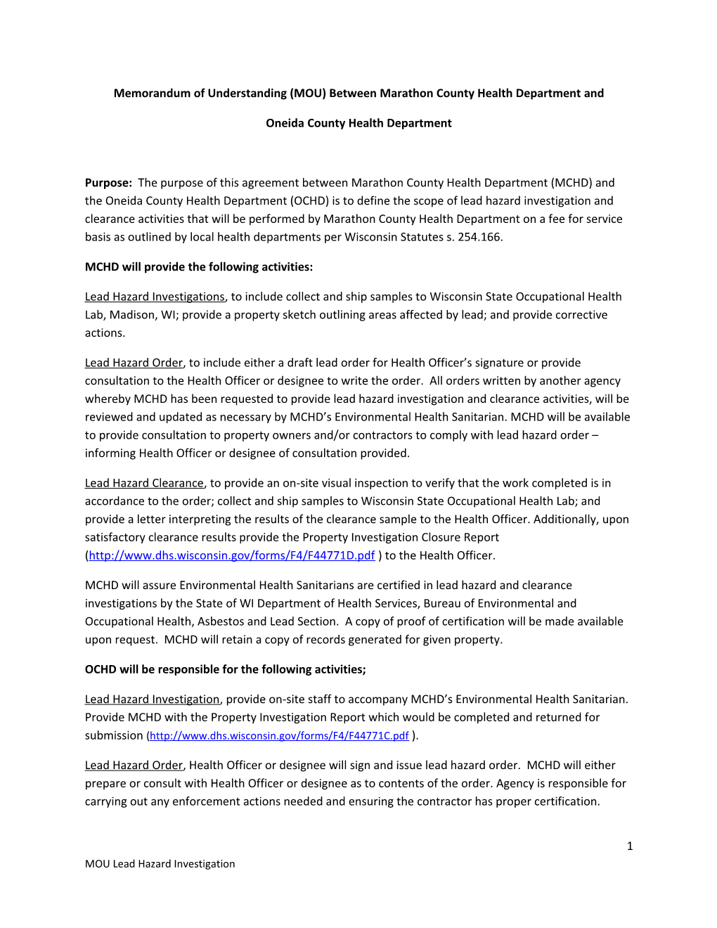 Memorandum of Understanding (MOU) Between Marathon County Health Department And