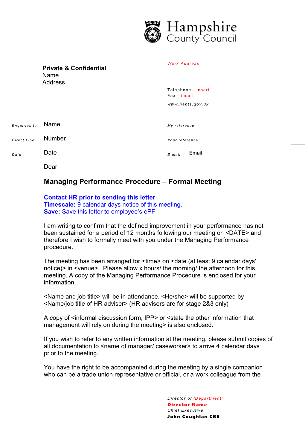 Managing Performance Procedure Formal Meeting