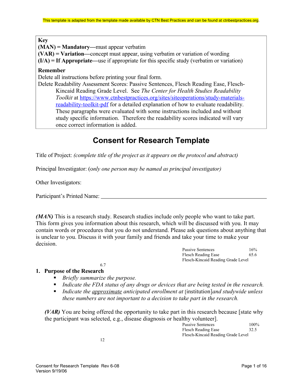 Consent for Research Template