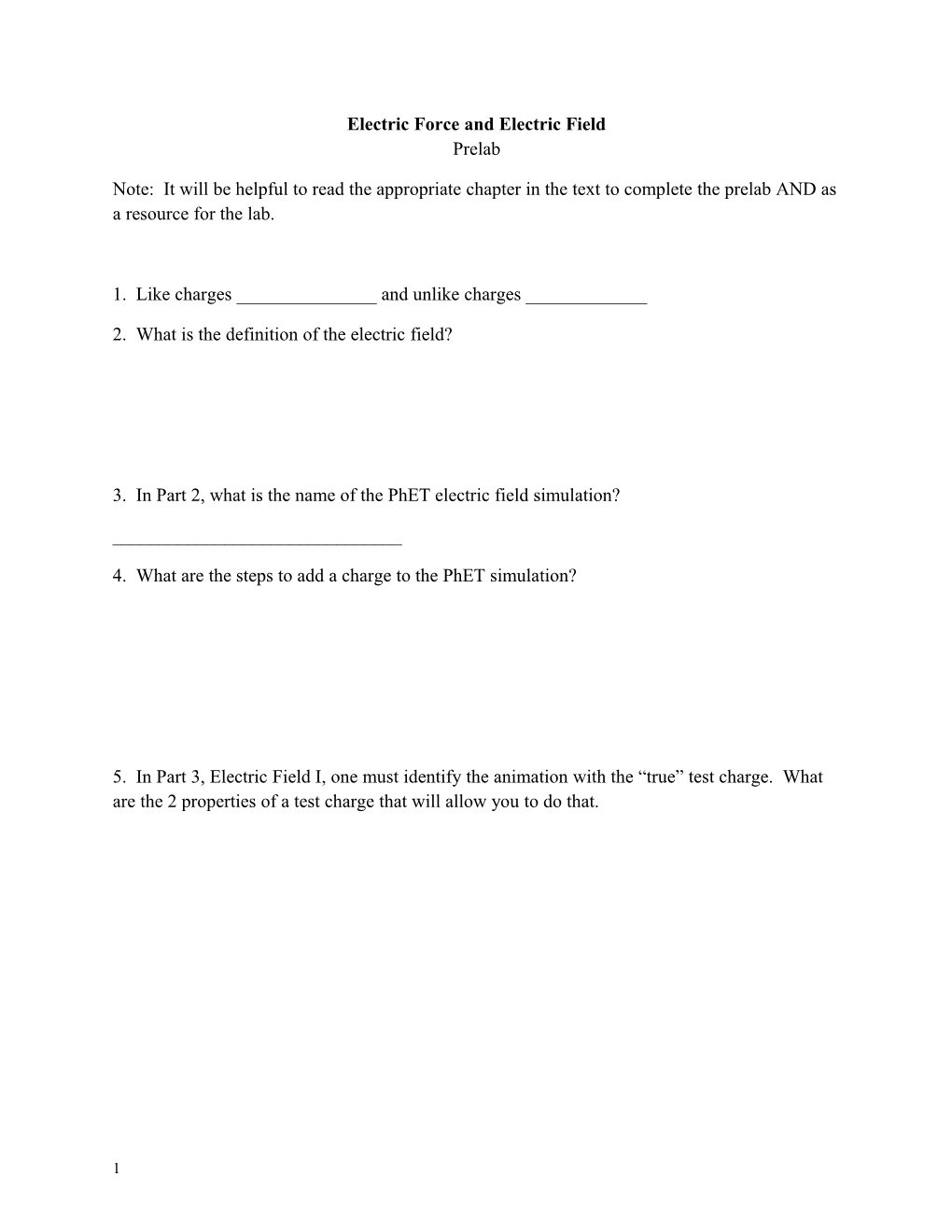 Electric Force and Electric Field Prelab