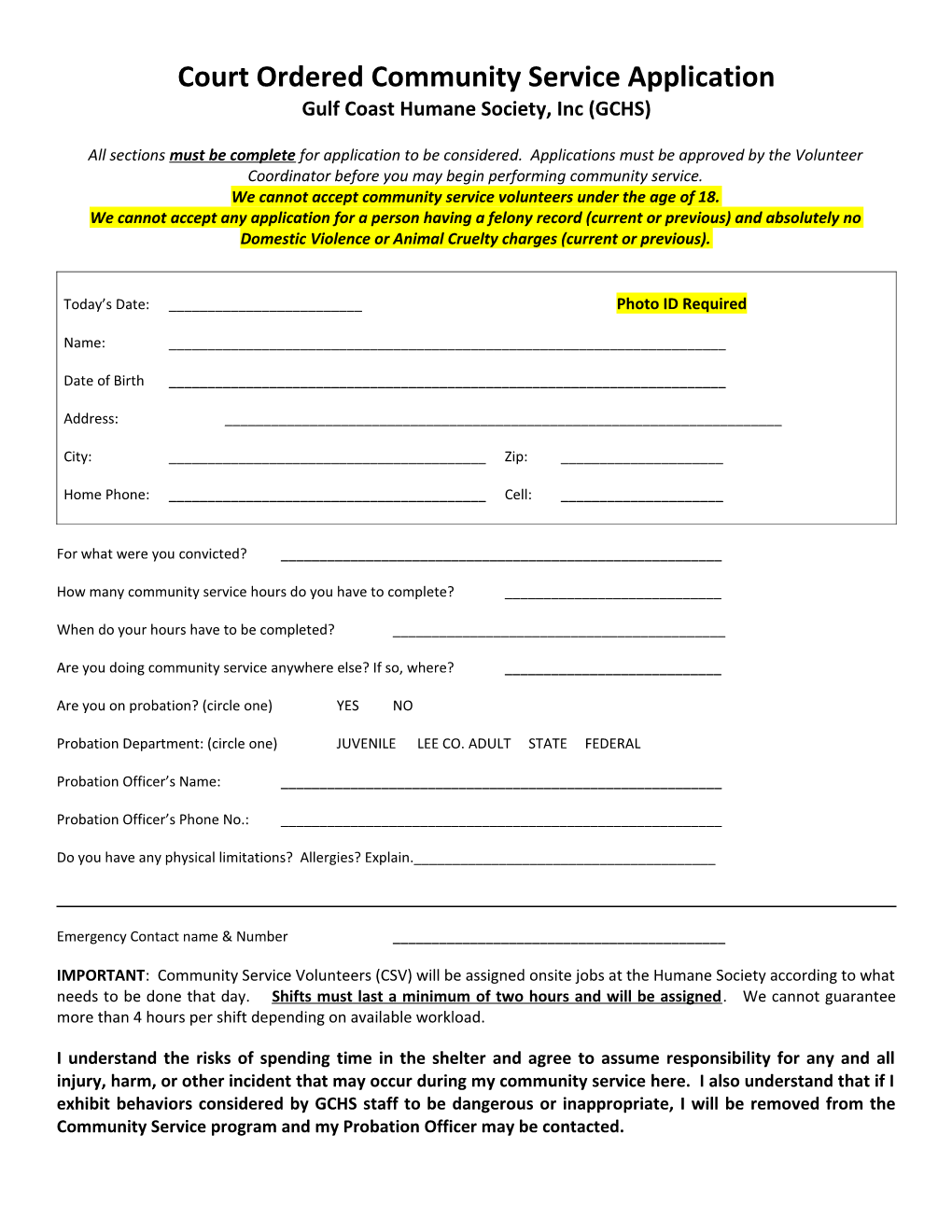 Court Ordered Community Service Application