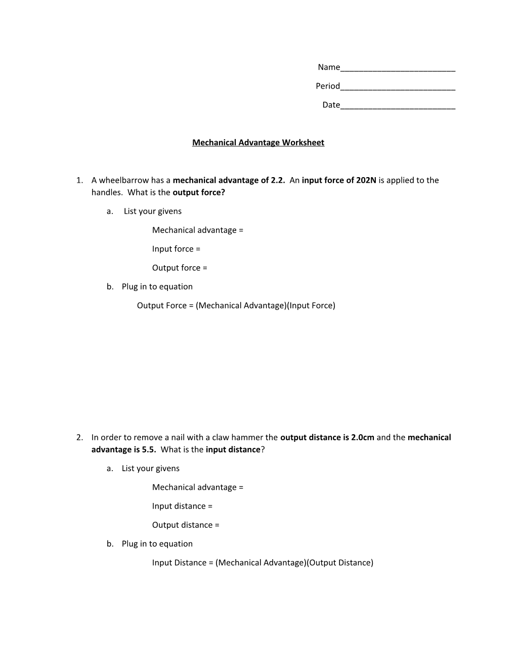 Mechanical Advantage Worksheet