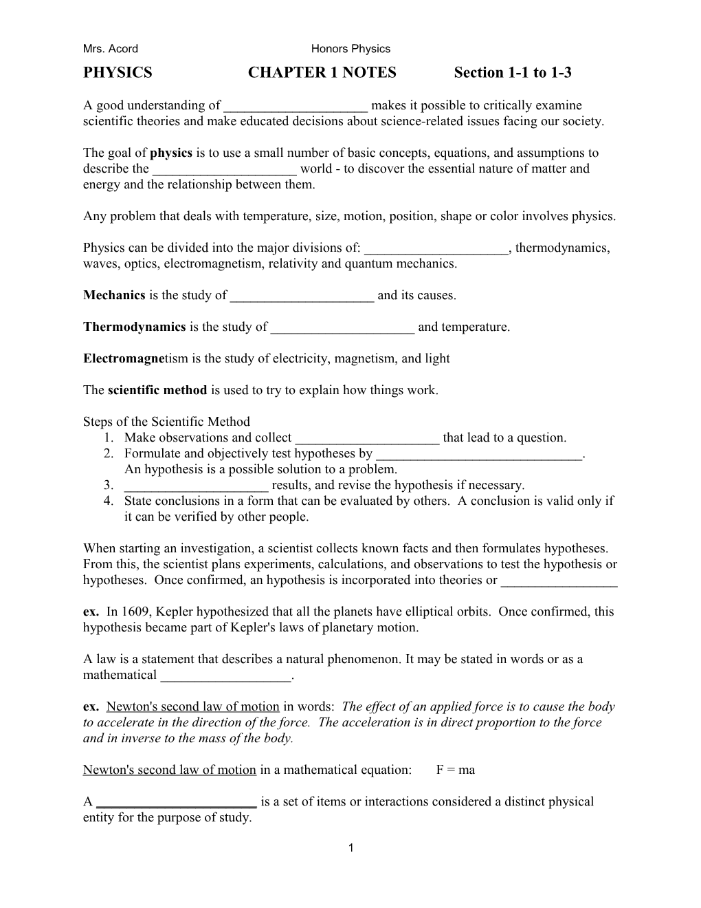 PHYSICS CHAPTER 1 Notessection 1-1 to 1-3