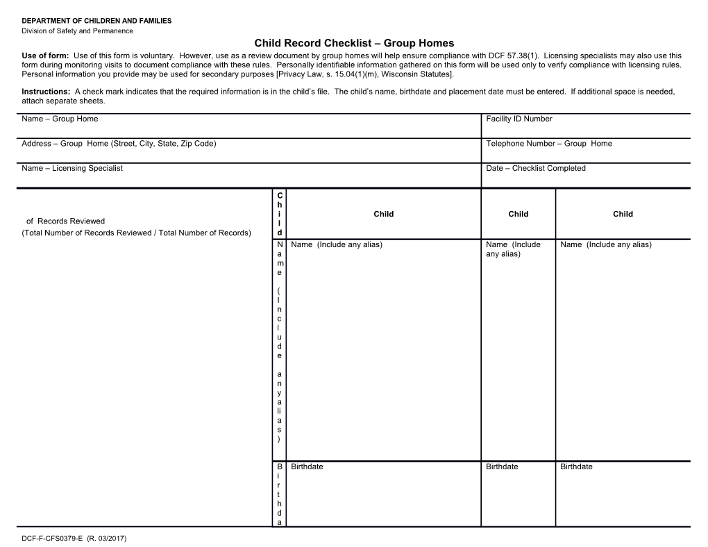 Resident Record Checklist - Residential Care Centers for Children and Youth, CFS-2139