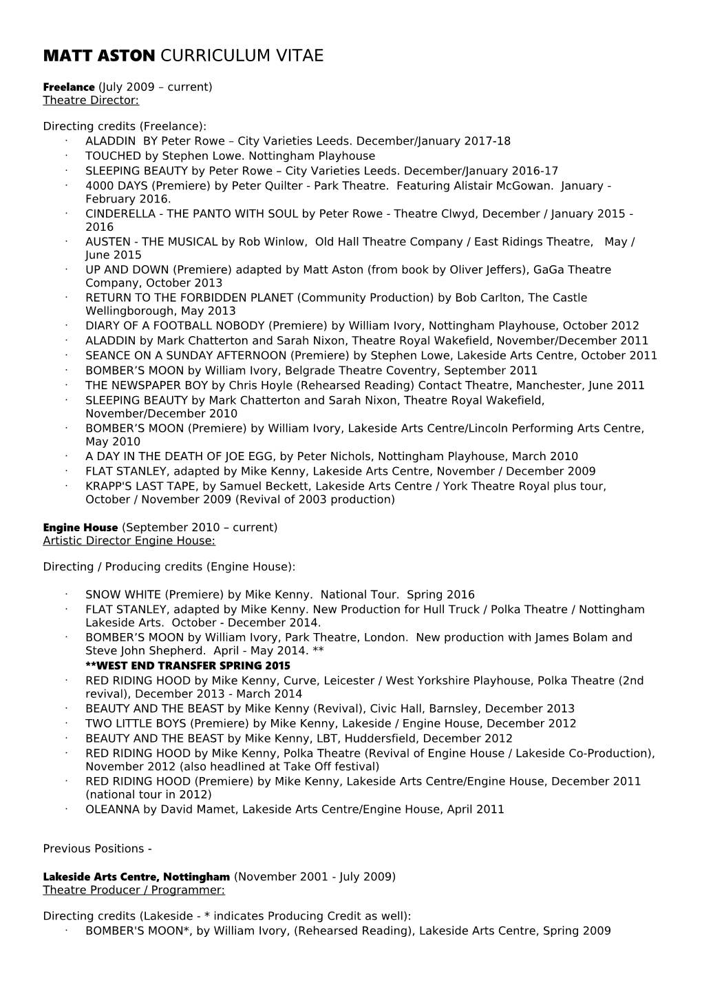 MATT ASTON Curriculum Vitae