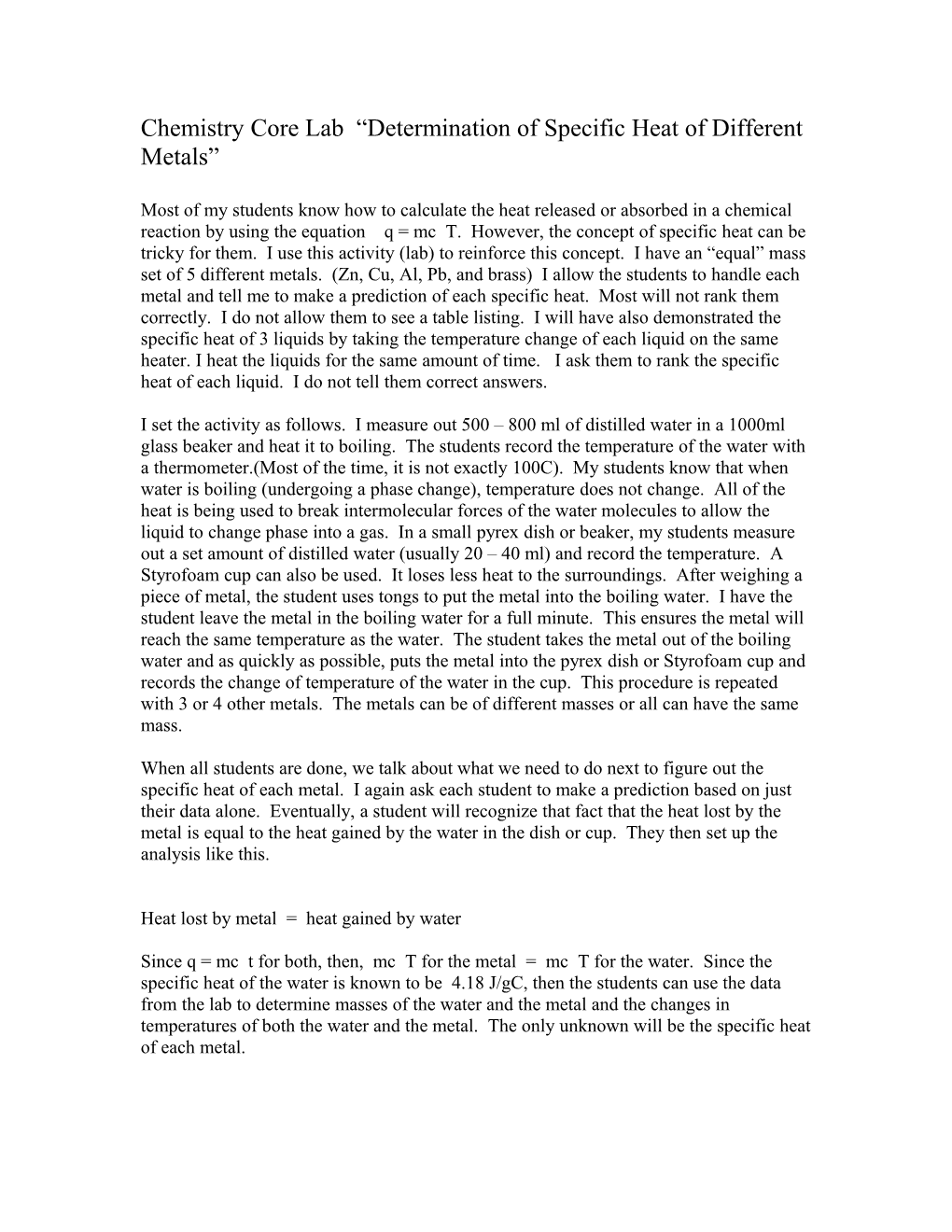 Chemistry Core Lab Determination of Specific Heat of Different Metals C2