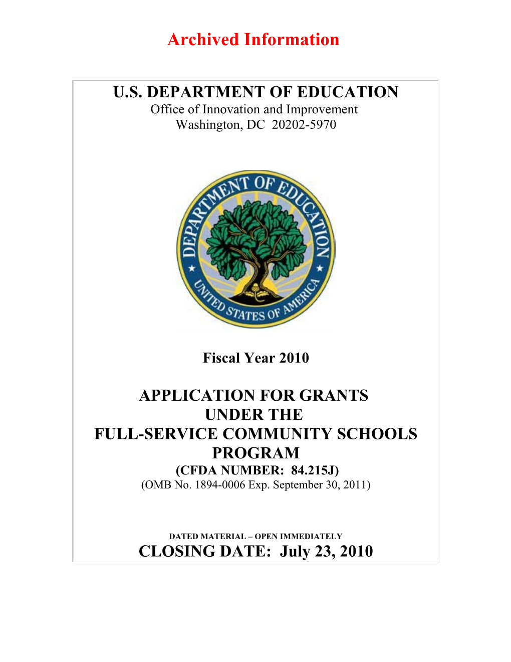Archived Information: FY2010 Full-Service Community Schools Application Package (MS Word)