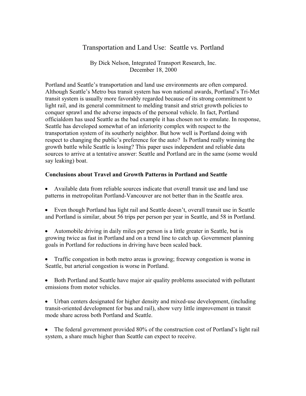 Transportation and Land Use: Seattle Vs. Portland