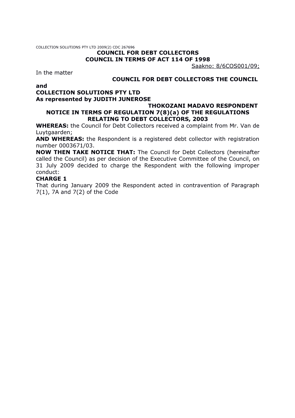 Collection Solutions Pty Ltd 2009(2) Cdc 267696