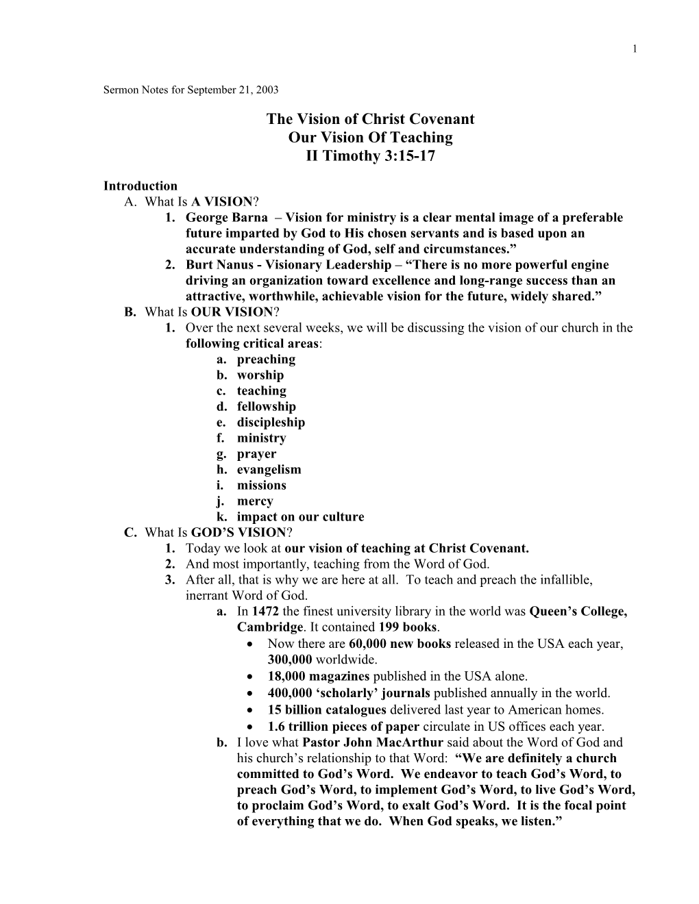 Sermon Notes for September 21, 2003