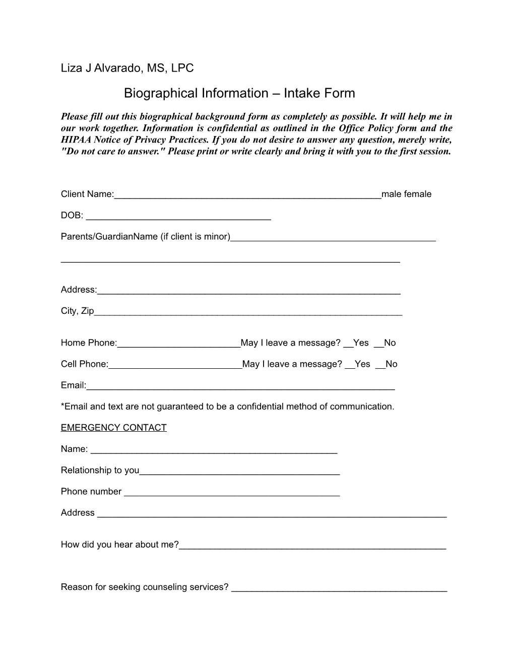 Biographical Information Intake Form