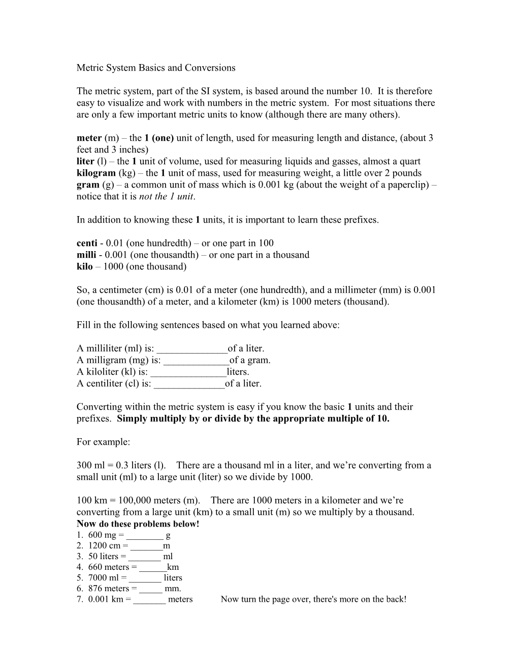 Basic Metric System and Conversions