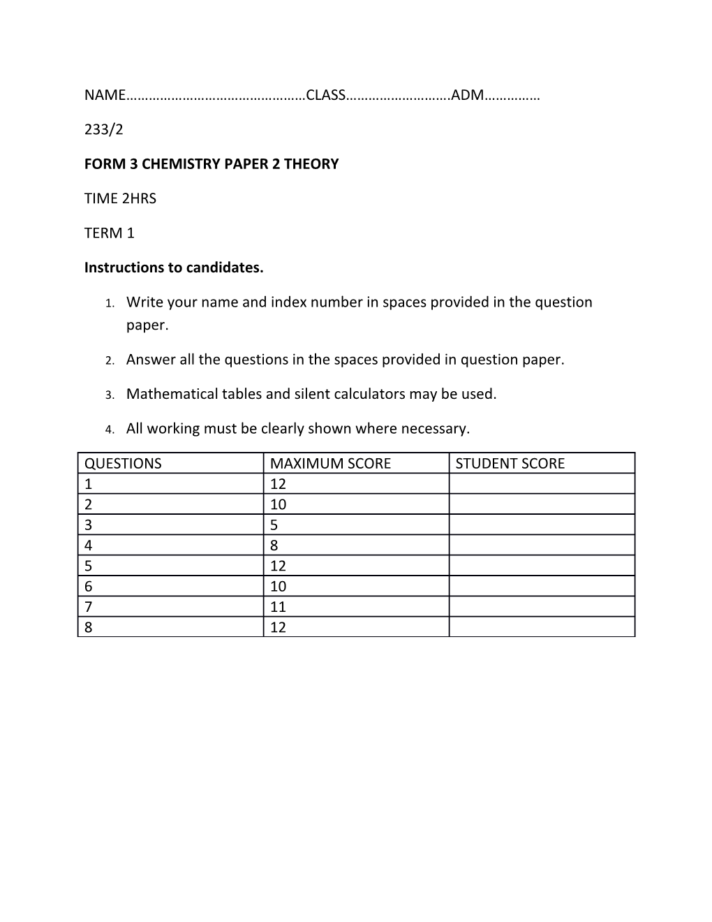 Form 3 Chemistry Paper 2 Theory