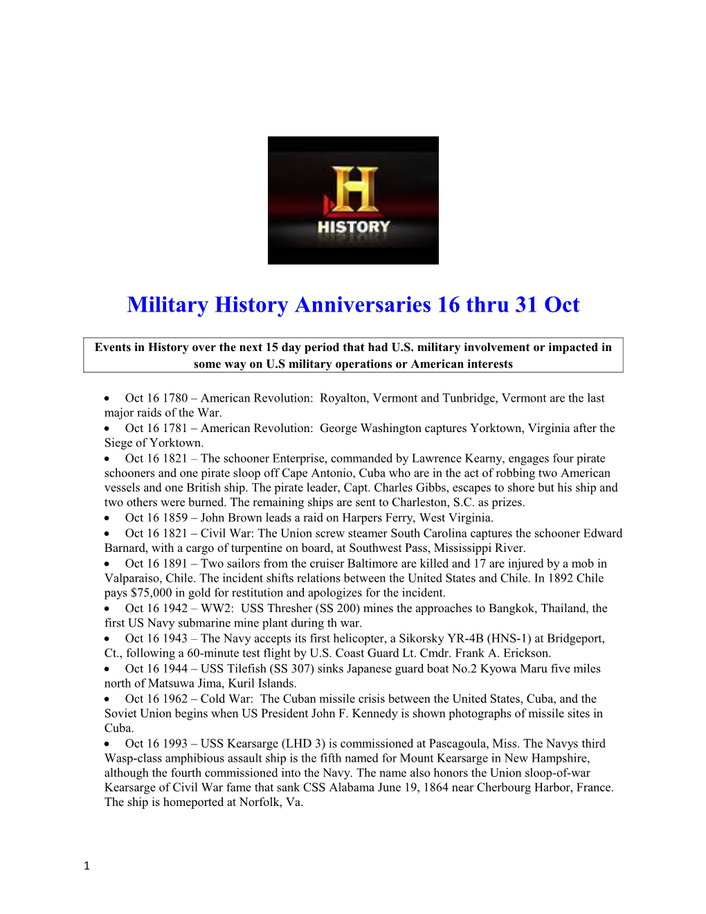 Military History Anniversaries 16 Thru 31 Oct