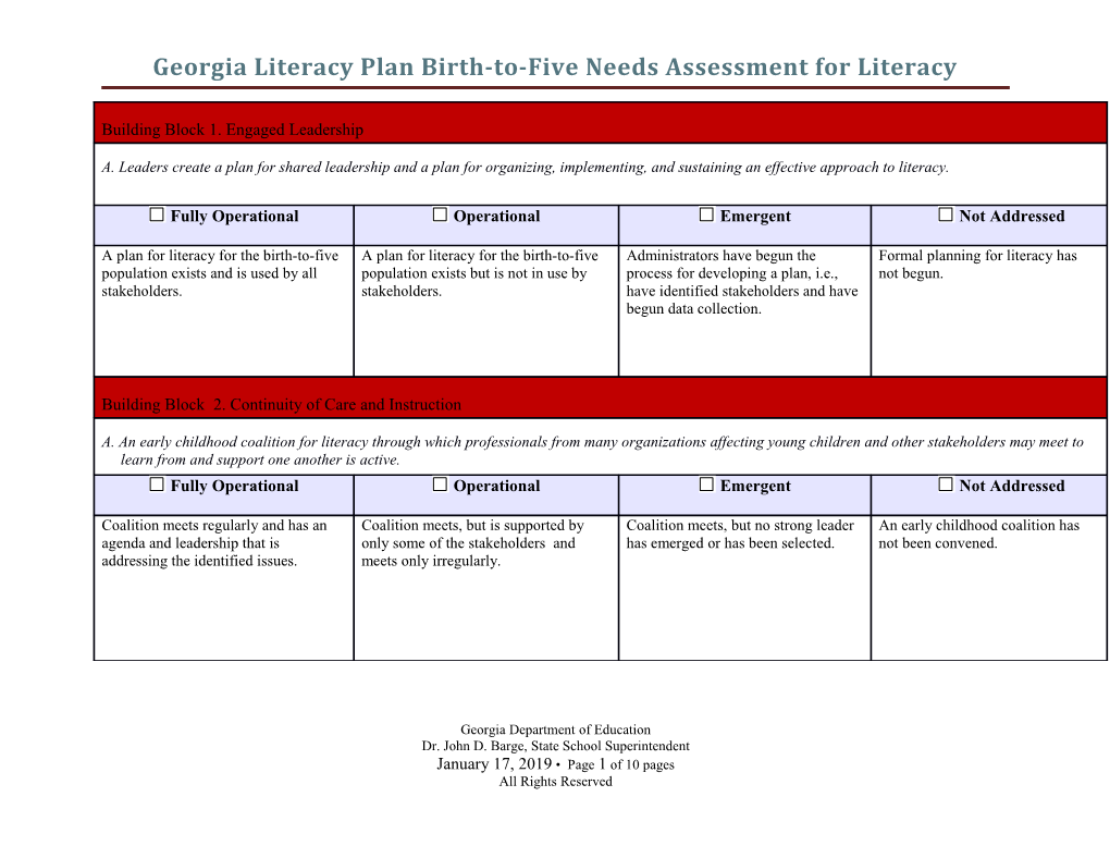 Georgia Literacy Plan Birth-To-Five Needs Assessment for Literacy