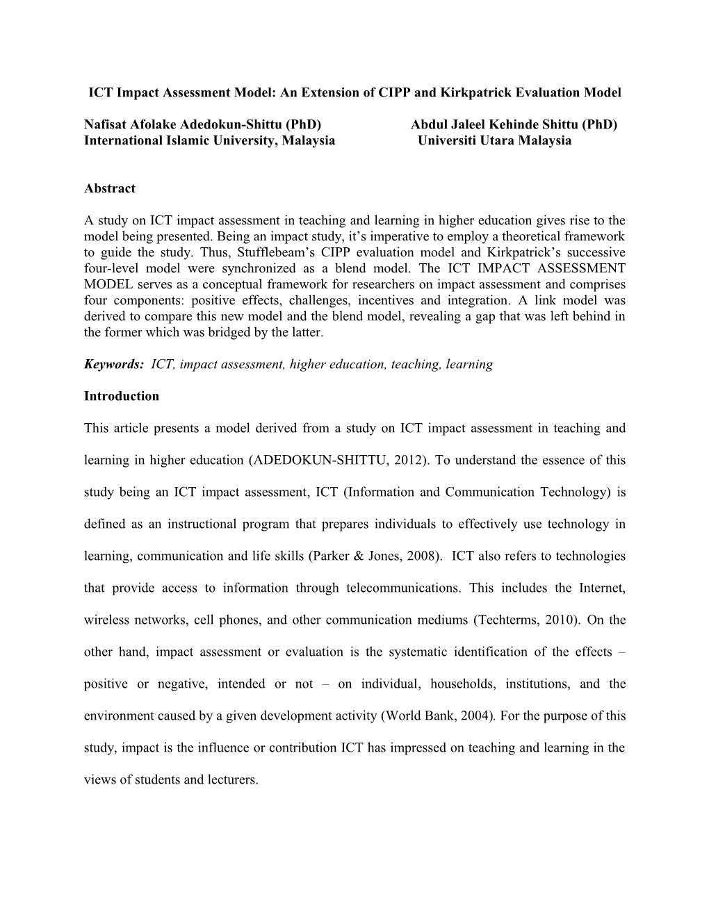 ICT Impact Assessment on Teaching and Learning: a Developmental Model