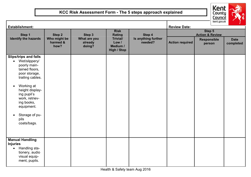 KCC Risk Assessment Blank Form - Guidance - 5 Steps