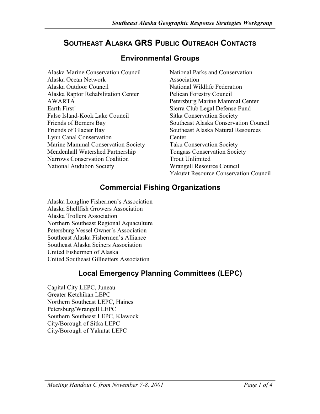 Meeting of the Southeast Alaska Sensitive Areas Work Group