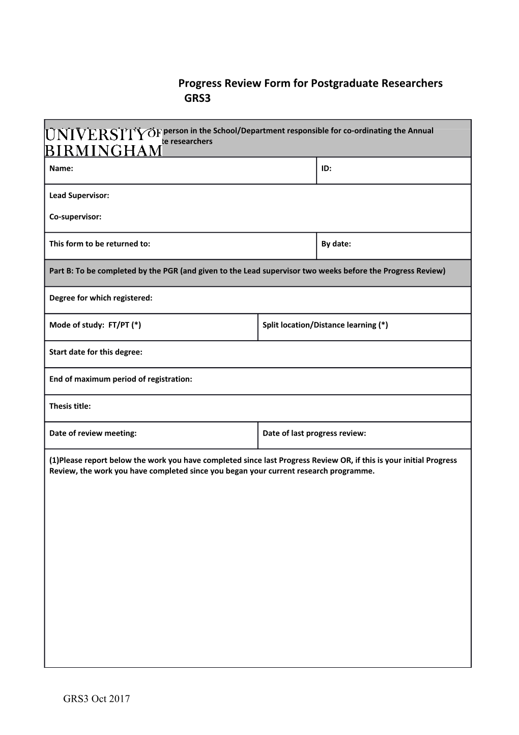 Progress Review Form for Postgraduate Researchers GRS3