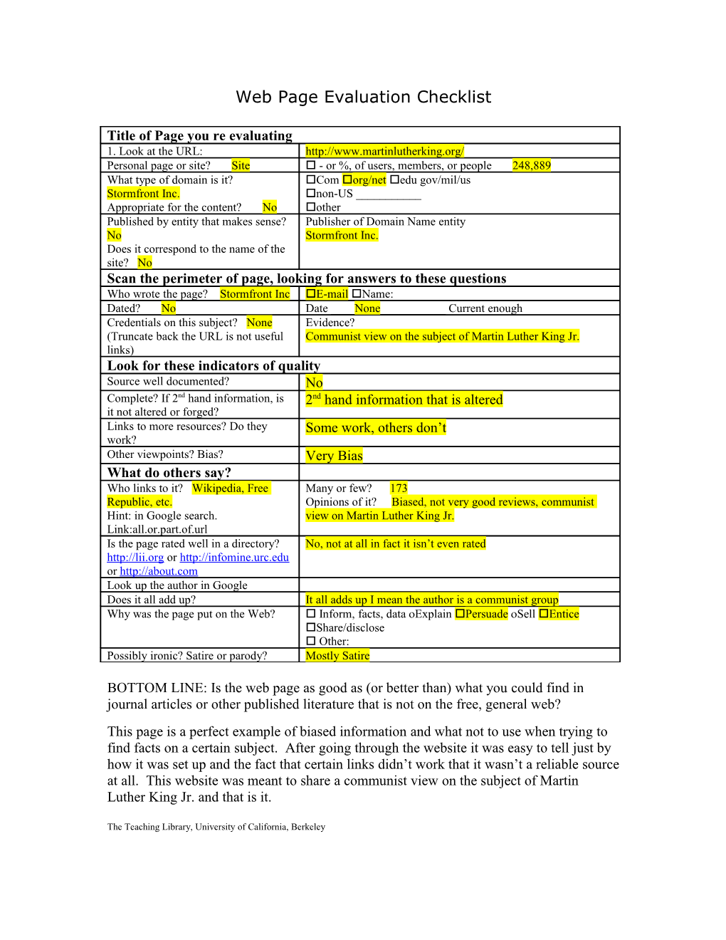 Web Page Evaluation Checklist