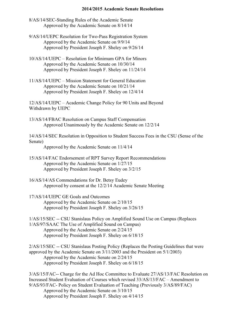 2014/2015Academic Senate Resolutions