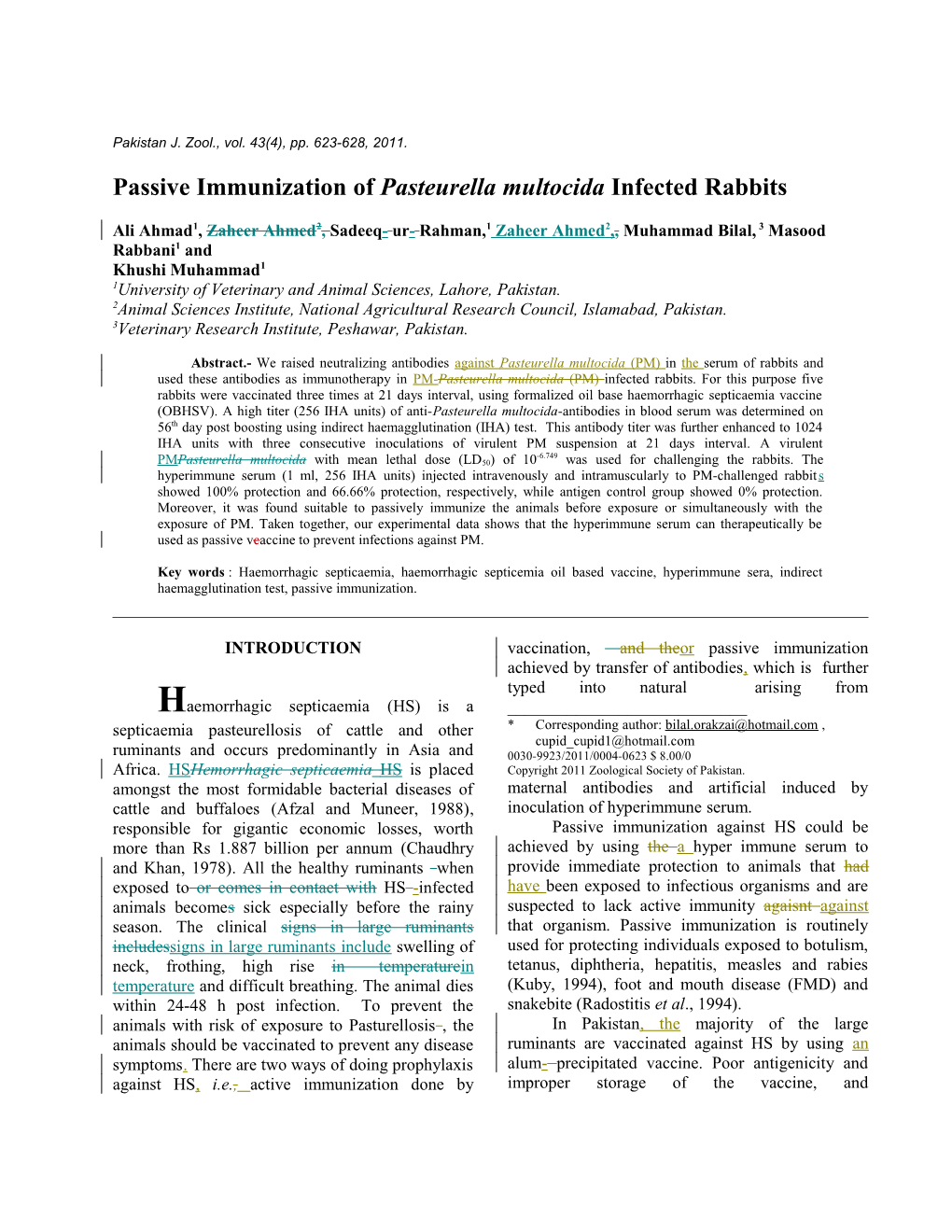 Passive Immunisation of Pasteurella Multocida Infected Rabbits