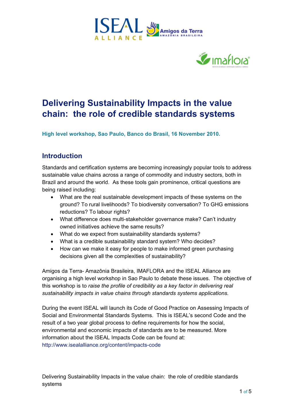 Delivering Sustainability Impacts in the Value Chain: the Role of Credible Standards Systems